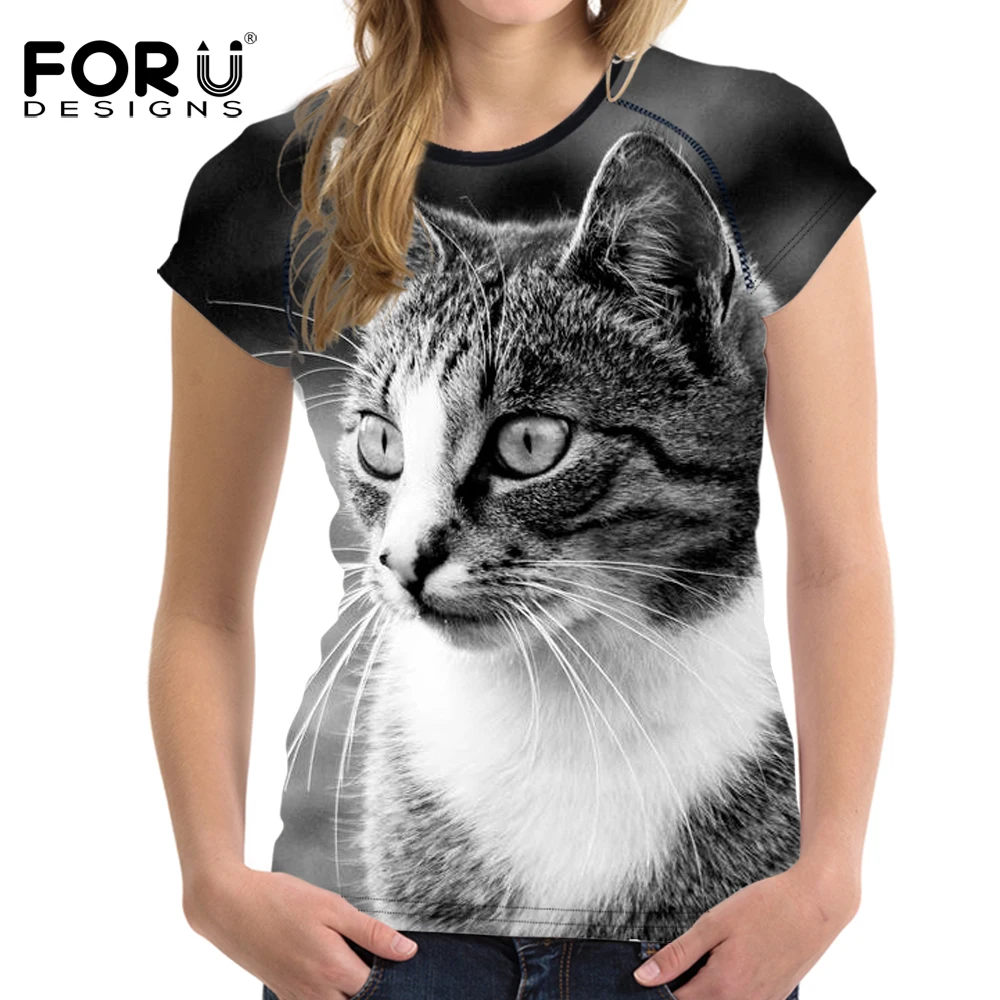 FORUDESIGNS Black Cat t shirt Women Casual Fashion t shirt Tops Tees ...