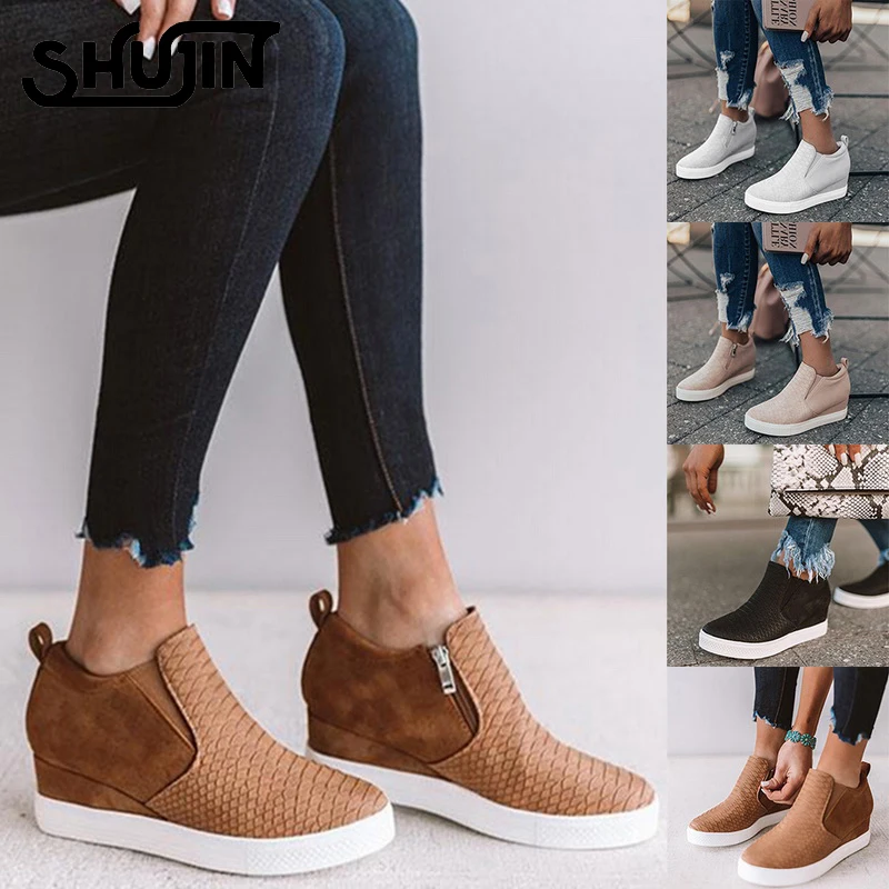 SHUJIN Women PU Leather Shoes Female Wedge Flat Shoes Solid Walking Sneakers Ladies Zipper Platform Sandals Zapatos De Mujer