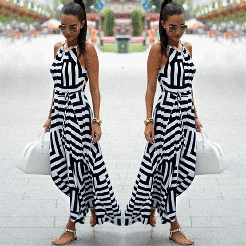 Women Dress Women Sleeveless Striped Loose Long Beach Indoor Casual Sundress