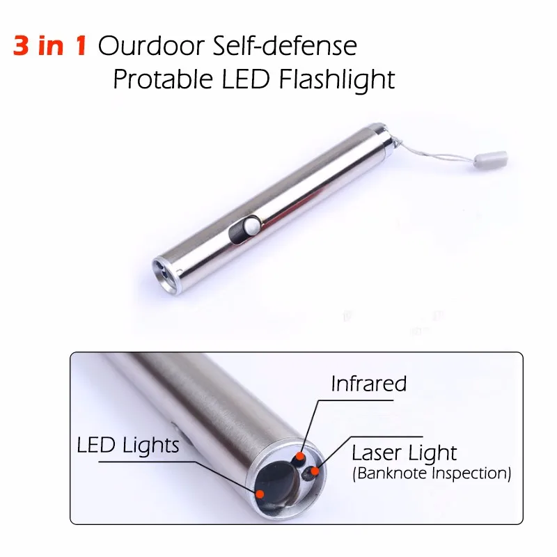 3 в 1 из нержавеющей стали Открытый лазерный светодиодный фонарь самообороны мини портативный фонарь из алюминиевого сплава высокой мощности светодиодный брелок
