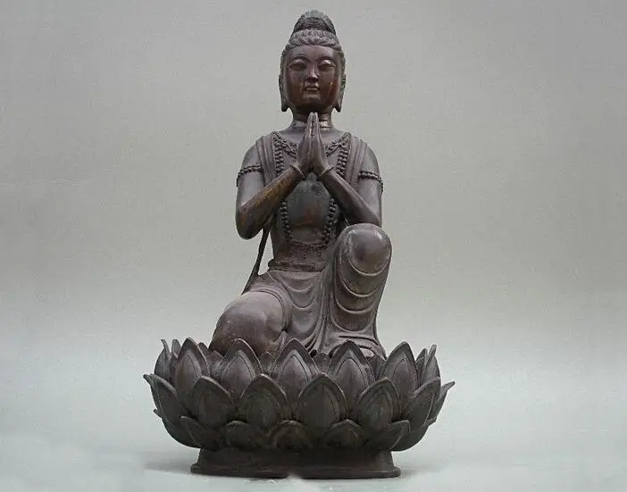 

17"Tibet old 100% Pure Bronze Kwan-Yin Worship Lotus Bodhisattva Buddha statue