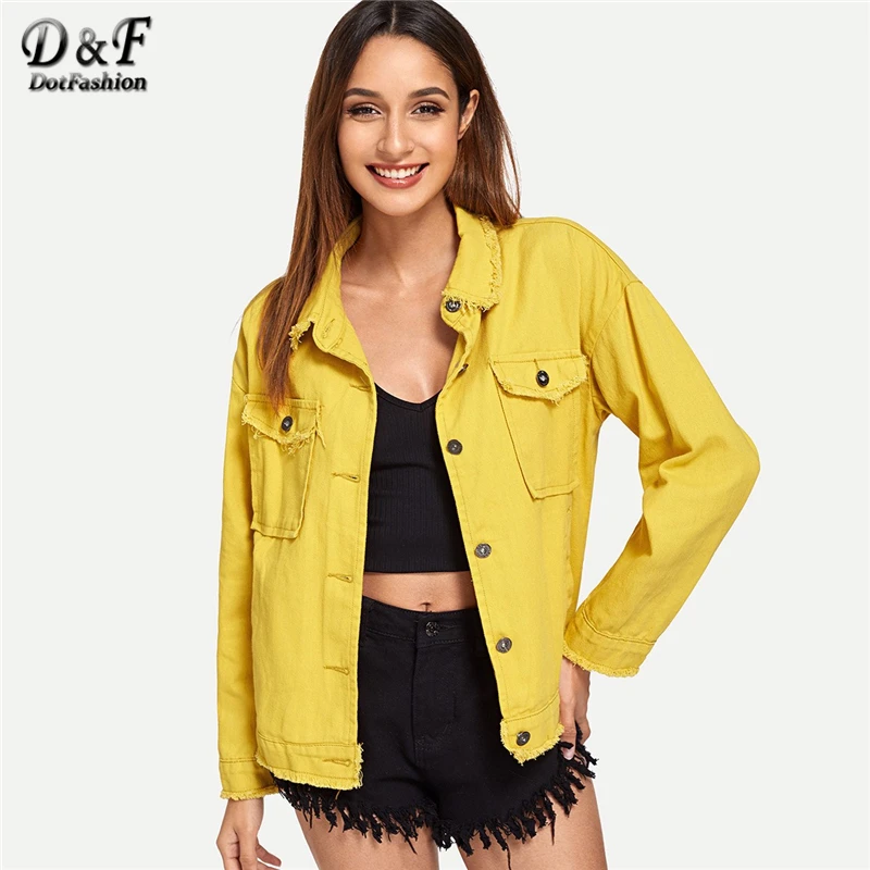 Dotfashion Yellow Single Breasted Denim Jacket Women 2019 Autumn