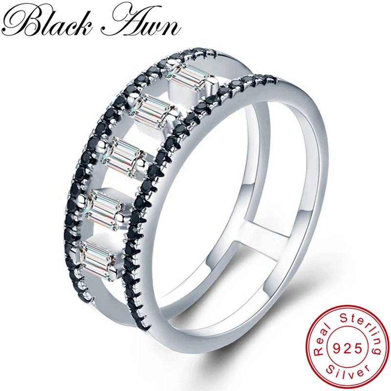 

[BLACK AWN] Real 925 Sterling Silver Jewelry Finger Ring Black Spinel Hollow Wedding Rings for Women G033