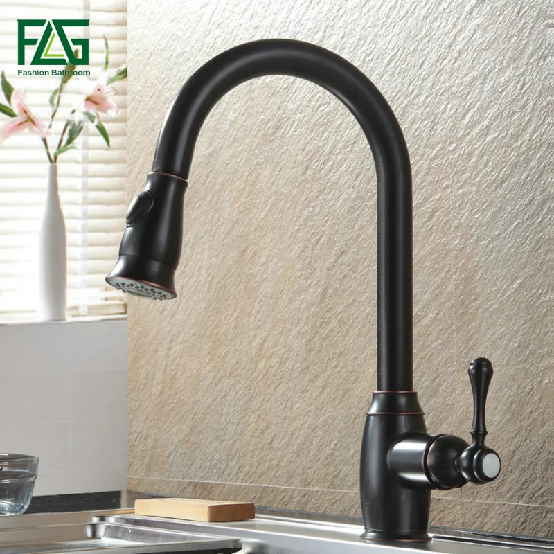 

FLG Kitchen Tap Oil Rubbed Bronze Black and Chrome Kitchen Faucets Pull Out Kitchen Sink Cold Hot Water Mixer Tap 157-33ORB