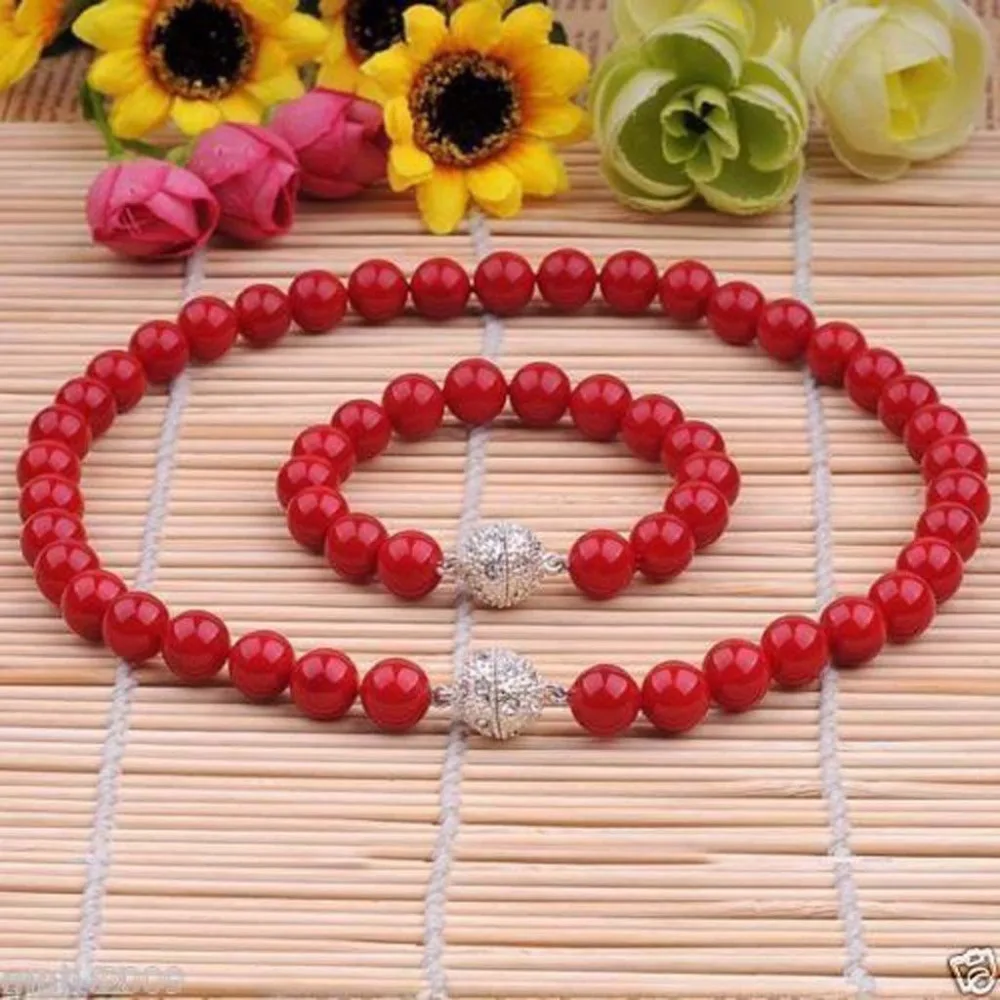 

8MM GENUINE CORAL RED SOUTH SEA SHELL PEARL NECKLACE BRACELET JEWELRY SET 18''