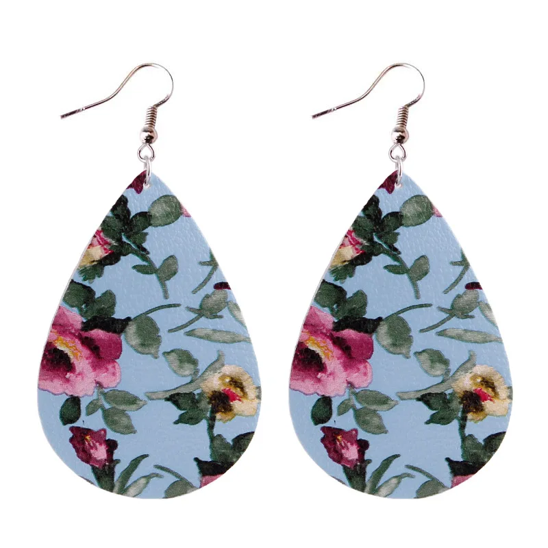 

2018 Fashion Printed Flowers Leather Teardrop Earrings for Women Jewelry Wholesale