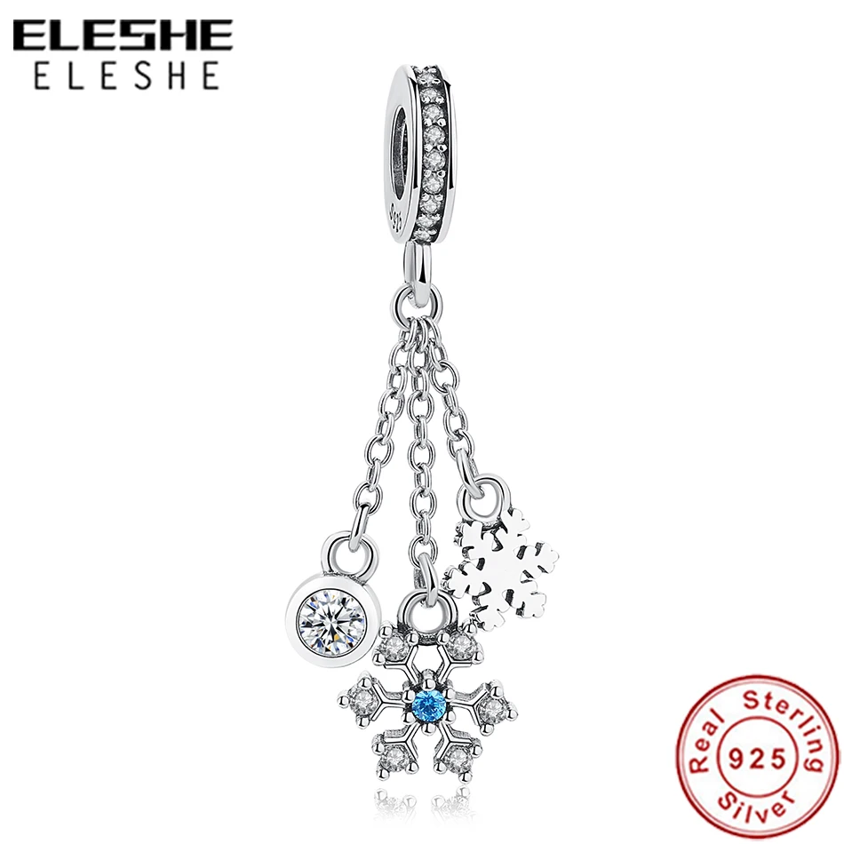 

ELESHE 925 Sterling Silver Bead Charm Sparkling Crystal Snowflake Pendant Beads Fit Original Charms Bracelet Bangle DIY Jewelry