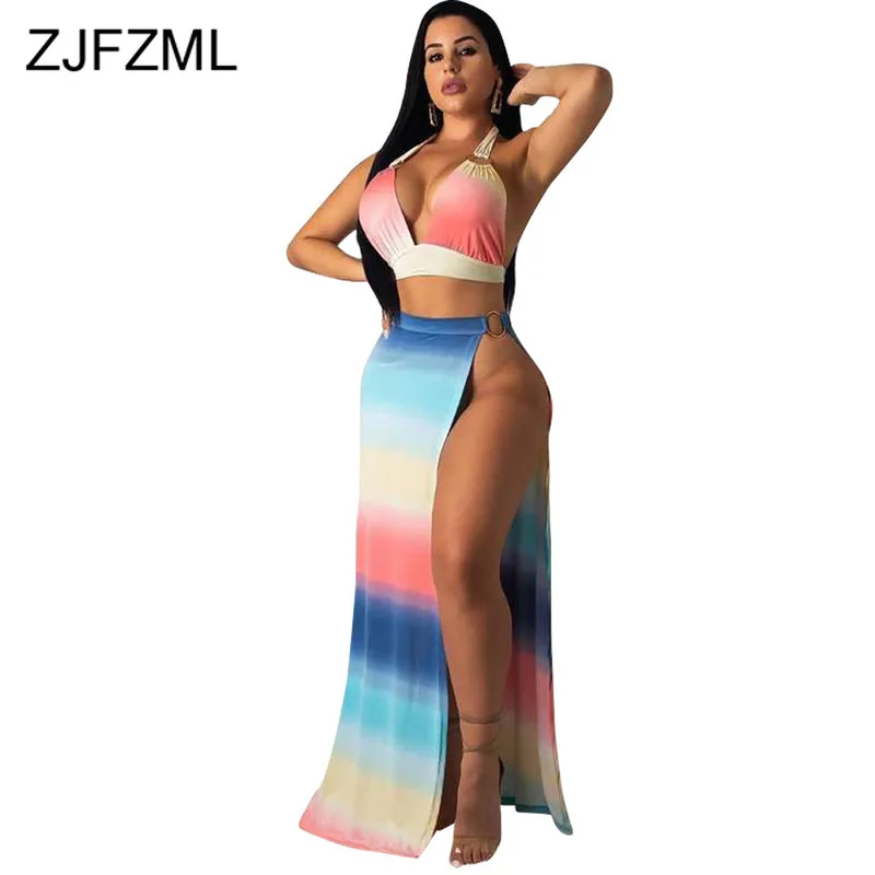 

Rainbow Gradient Sexy Two Piece Set Dress Women Deep V Neck Side High Split Beach Dress Summer High Waist Backless Boho Vestido