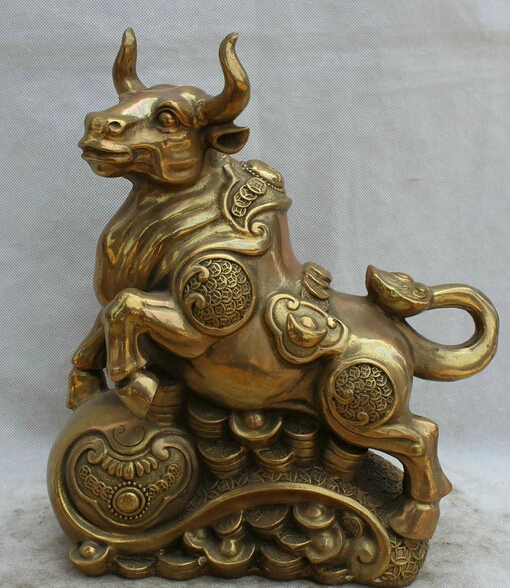 

JP S62 4 Chinese Brass Ru Yi Yuan Bao Fengshui Zodiac Year Bull Oxen sculpture Statue