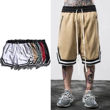 Для мужчин сетки шорты High Street Джастин Бибер прилив Soild Цвет свободные шорты хип-хоп стороны молнии Лоскутная пять коротких шесть Цвет