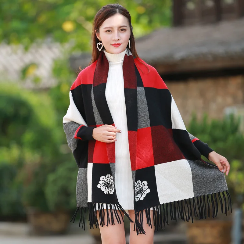 Female autumn and winter large plaid shawl dual-use cloak tassel double-sided jacquard bat sleeve sweater jacket