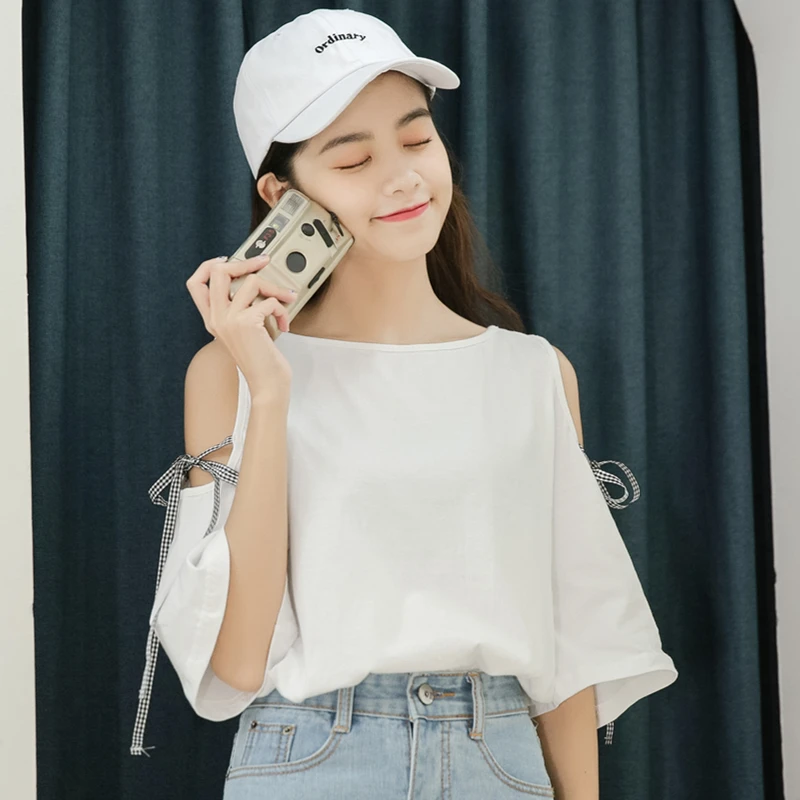 Женская футболка ulzzang белая винтажная клетчатая с бантом летняя одежда в