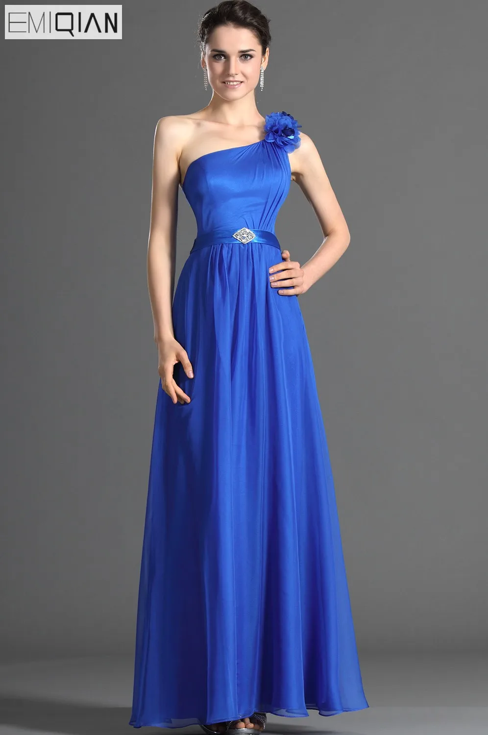  Cheap  One Shoulder Royal  Blue  Chiffon Floor Length 