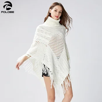 

FOLOBE Womens Autumn Cape Ladies Batwing Sweater Poncho Triangle Turtleneck Pullovers Tassel Knitted Hollow Shawl Pull Sweter