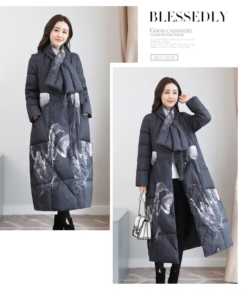 High Quality Winter Women's Ink and wash printing Chinese Style Vintage Long Down Coat