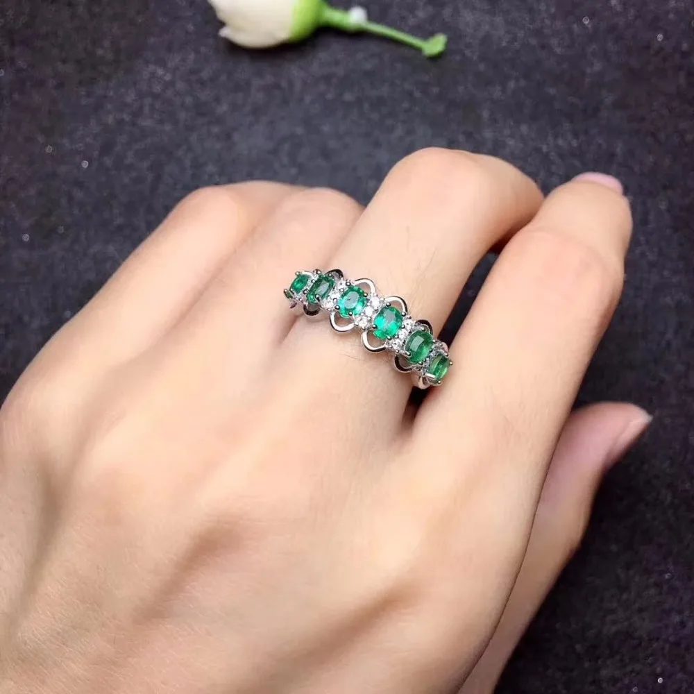 

US STOCK Uloveido Green Emerald Ring, Flower Rings, Silver 925 Ring, 3*4mm*6 pcs Certified Gemstone Wedding Fine Jewelry FJ216