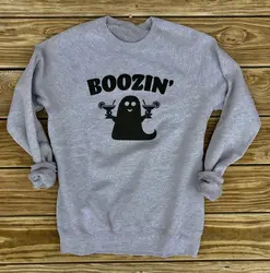 BOOZIN'S призрак Crewneck Boos Хэллоуин Толстовка забавные Популярные Boozin fantasma Хэллоуин Печатный серый хлопок топы наряды