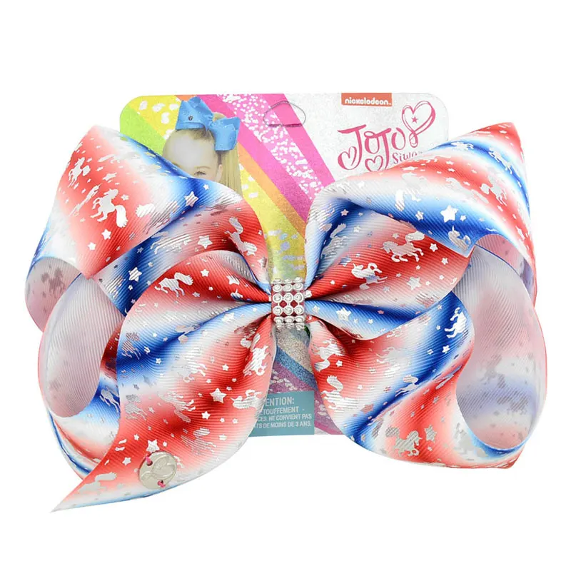 

8" Blue Large JoJo Bows For Girls Handmade Hair Clip Hair Claws Kids Print Ribbon Unicorn Knot Jumbo Bow Headwear