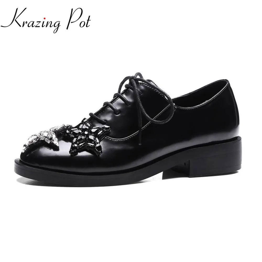 

Krazing pot fashion women brand shoes thick heels PU leather round buckle lace up women pumps diamond luxury fairy shoes L0f3