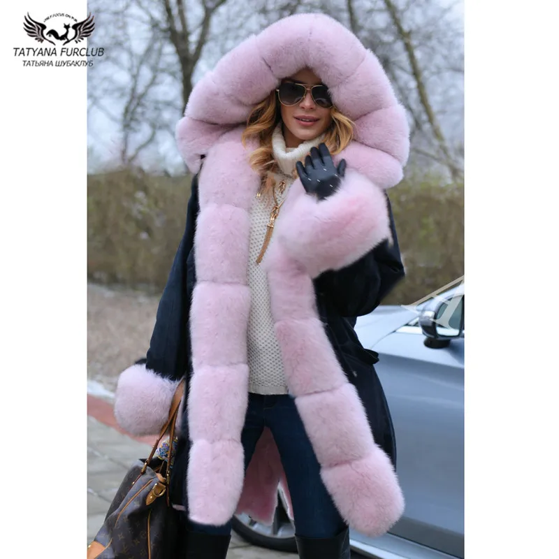 Tatyana Furclub New Real Fur Parka Black Jacket With Natural Fox Fur Collar And Rabbit Fur Liner Coat For Women Thick Warm Parka