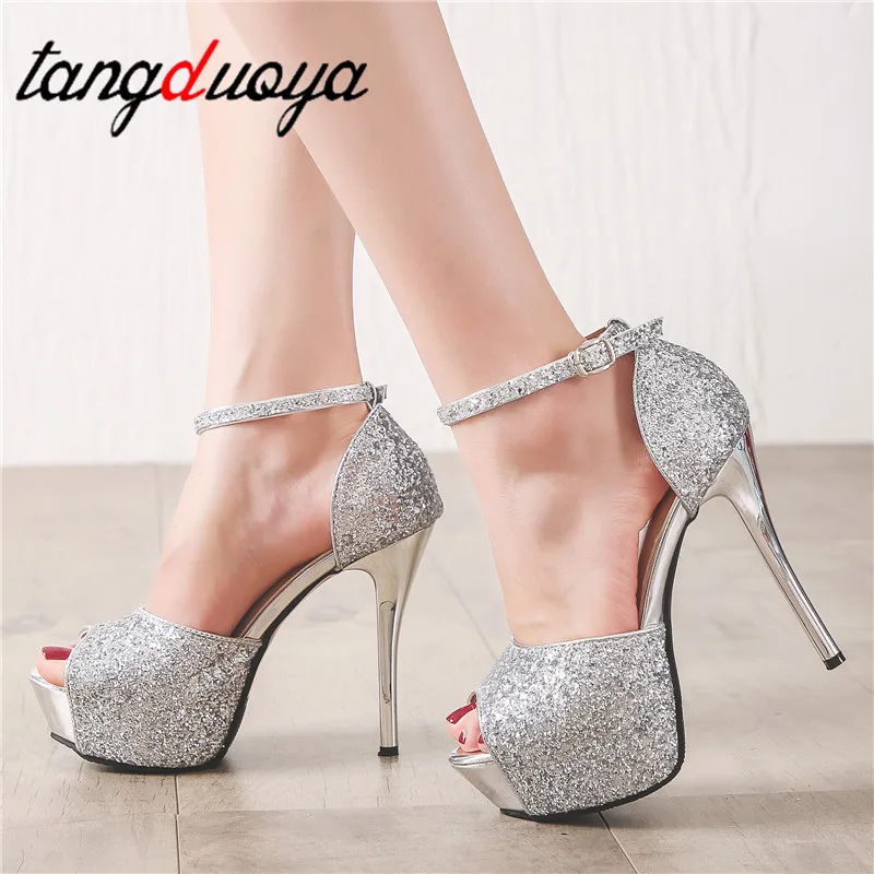 

platform sandals peep toe heels silver shoes glitter heels mary jane shoes tacones extreme high heels stilettos shoes for women