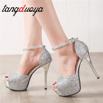 silver platform peep toe heels