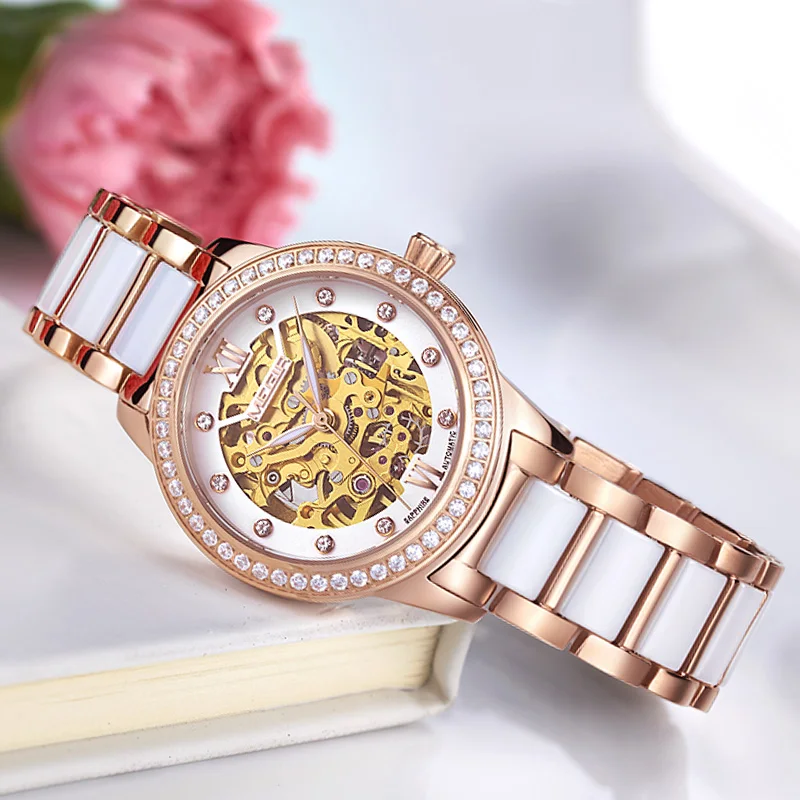 Ceramic Women Mechanical Watches MEGIR Diamond Luxury Ladies Skeleton