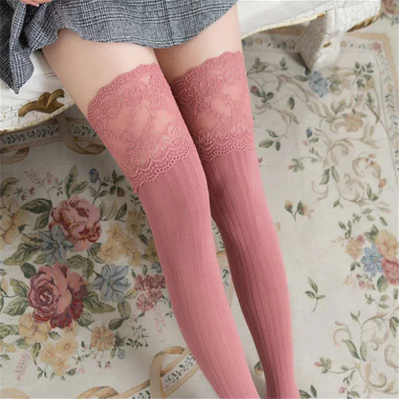 Кружевные нескользящие носки для женщин и девочек, зимние носки до колен, теплые мягкие хлопковые носки, женские модные однотонные носки