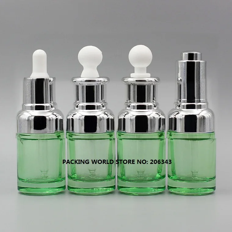 Download 30ml green glass dropper bottle with silver shoulder and silver collar white bulb for oil/serum ...