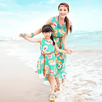 

Authentic Summer Style Mother Daughter Dresses with Belt 2020 Floral Print Long Dress Vestidos Family Clothing Maxi Dress