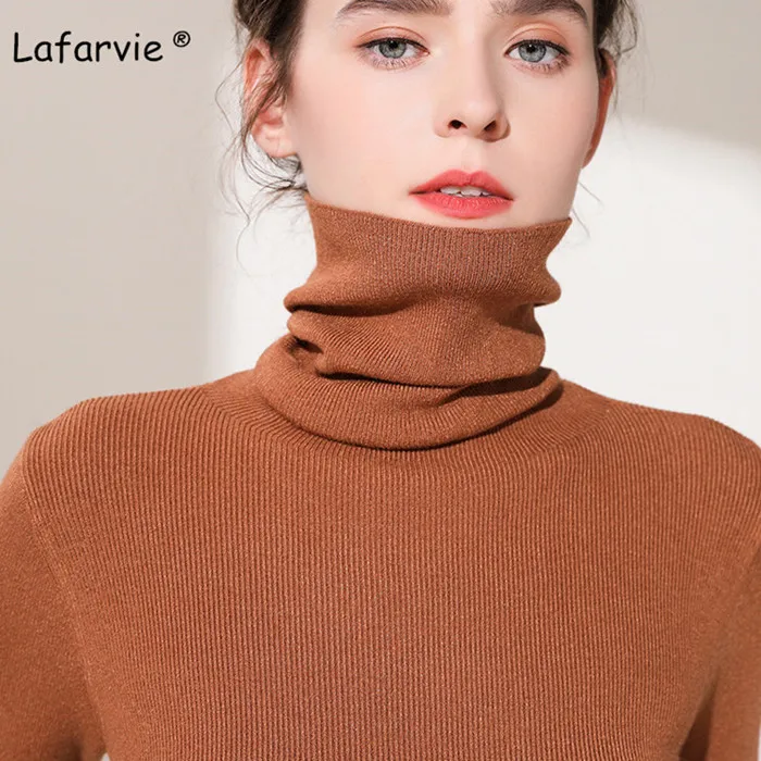 caramel Lafarvie тонкий вязаный свитер из смеси на основе кашемира женские топы Водолазка с длинным рукавом теплый пуловер Женский вязаный джемпер 5 цветов - Цвет: caramel