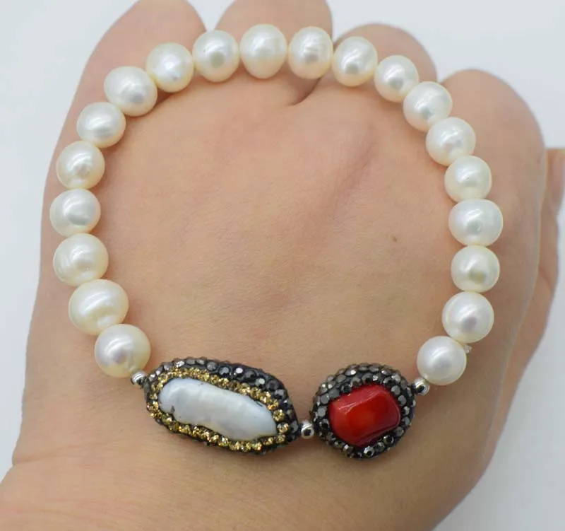 Пресноводный жемчуг Белый около круглые 8-9 мм и красный коралл/бирюза циркон браслет 8 дюймов бусины природа ручной работы - Цвет камня: 2