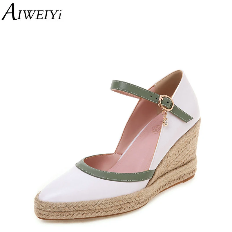 

AIWEIYi Wedge Single Shoes Female Buckle Design Spring Shallow Mouth High Heels Waterproof Platform Pointed Toe Female Shoes