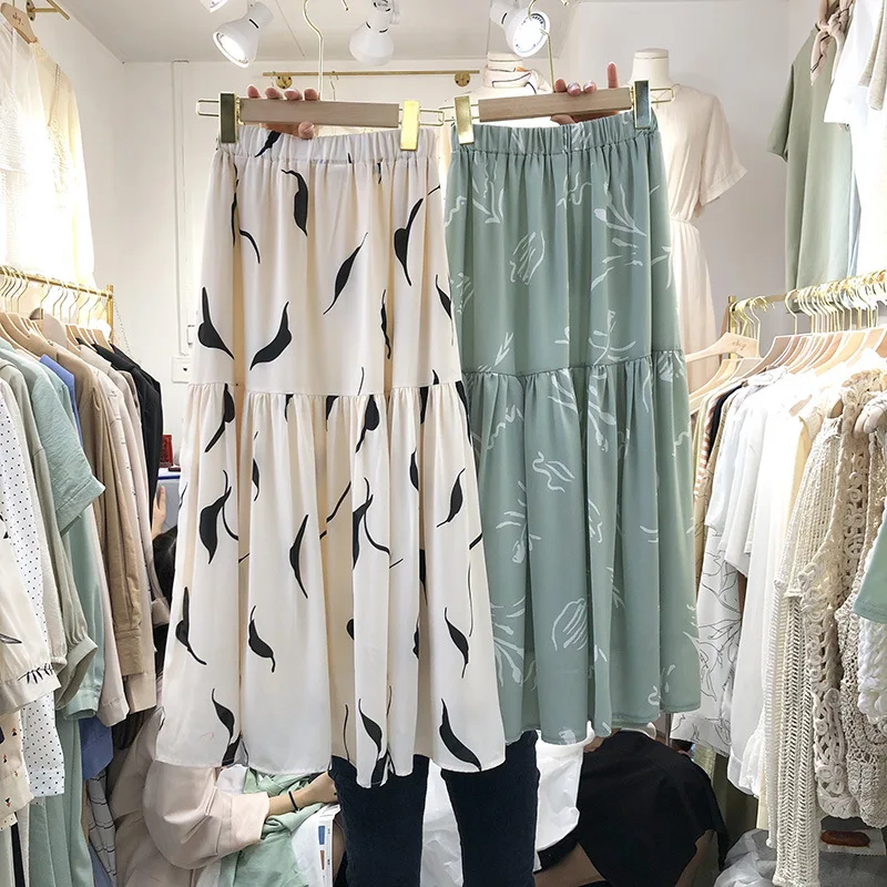 

2019 Summer High Waist Women Skirt Korean Style Calico Loose Design Polyester Fiber Chiffon Free Shipping