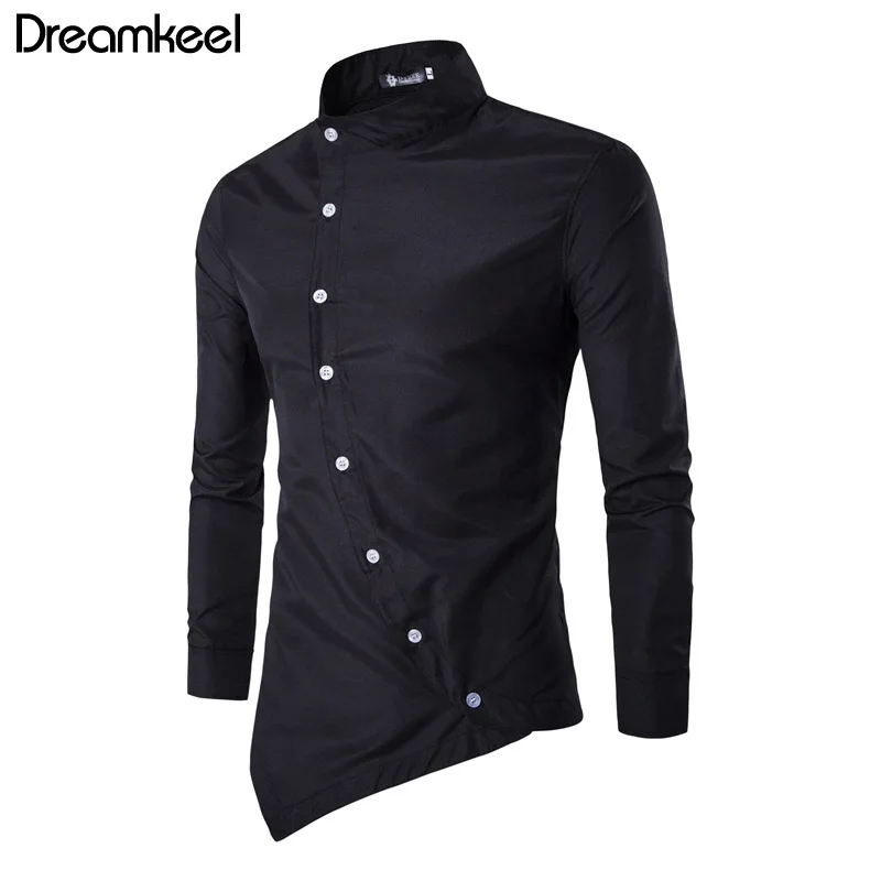 Модные мужские брендовые индивидуальность Наклонный кнопка воротник-стойка мужской смокинг рубашка с длинными рукавами для Для мужчин большой Размеры Y