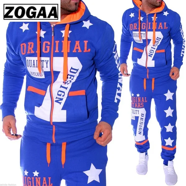 ZOGAA 2 Pieces Set  Men's Fashion Hoodies Set Suits Hit Color Mosaic Stars Sweater Sweatsuit Men Track Suit Set Men Clothes 2019