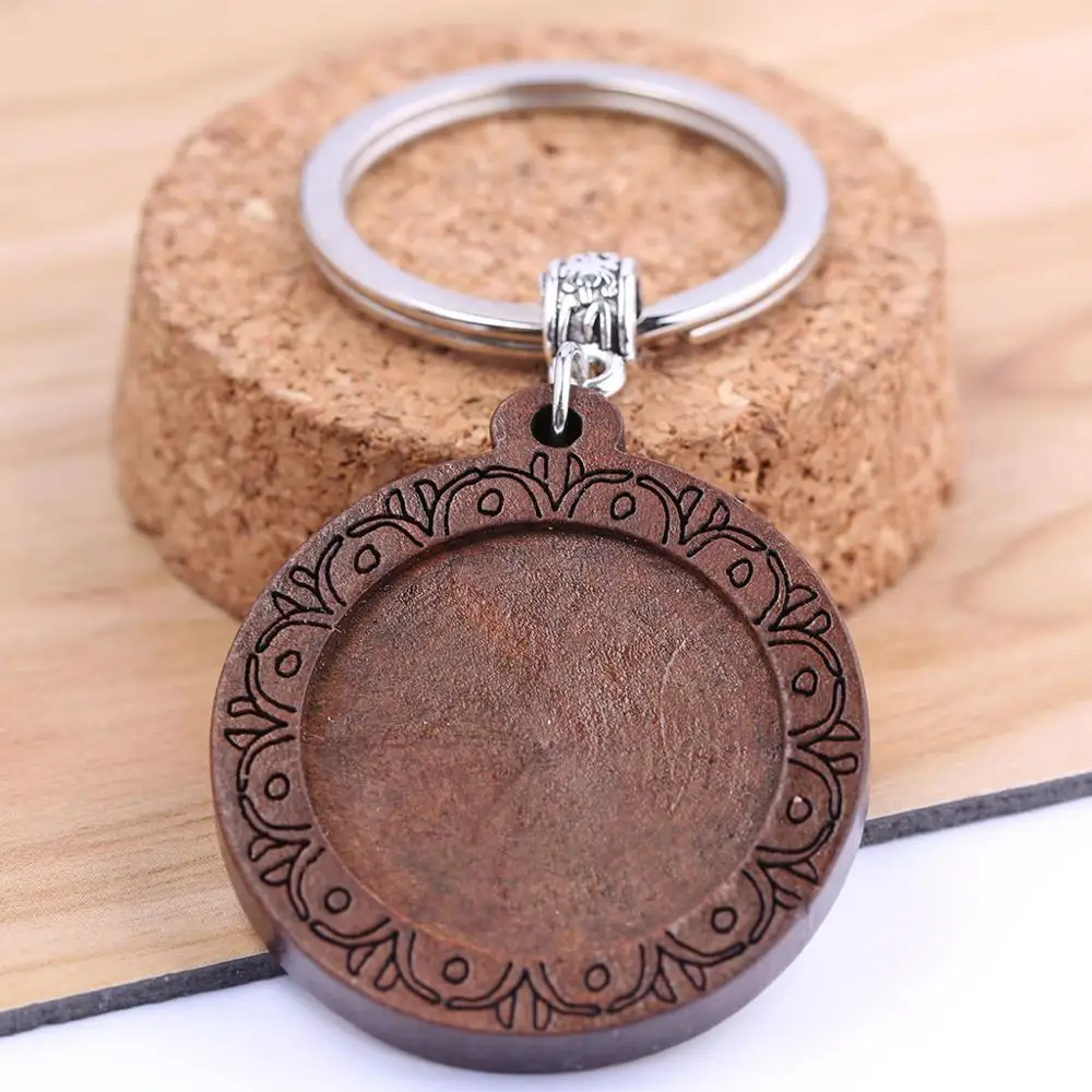 reidgaller 3pcs wood keychain cabochon base settings 25mm dia round blank bezel trays for key chain custom making diy findings