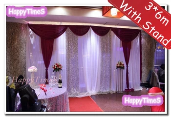 

Wedding Background Decorations Curtain Backdrop With Sequins On The Middle And Purple Swag On The Top With Stainless Steel Stand