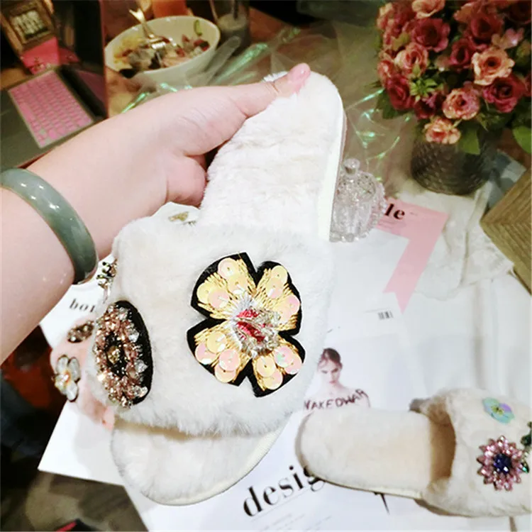 Women Indoor Slippers Shoes Flower Bee Rhinestone White Crystal Shoes Princess Ladies Autumn Winter Warm Plush Slippers M8G15 (7)