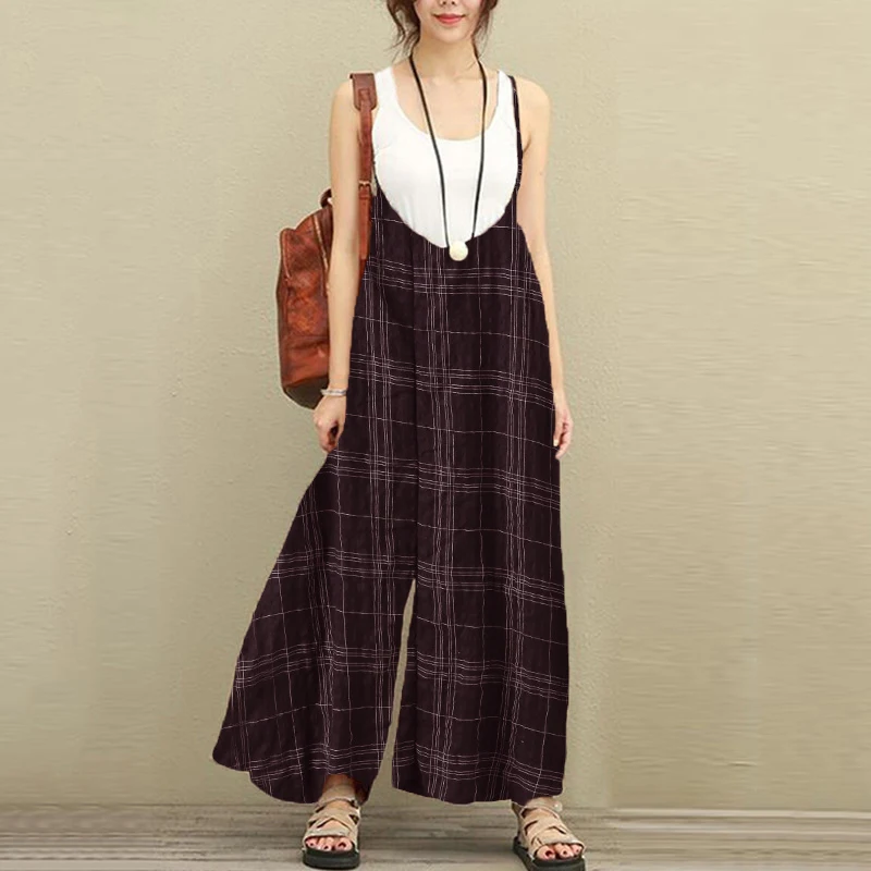 Women Plaid Retro Vacation Jumpsuits Dungarees Wide Leg Trousers Loose Long Pants Overalls Cotton Braces Casual Sleeveless Jumpsuits and Playsuits