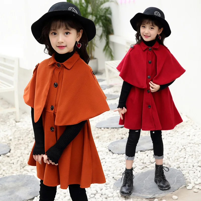 Корейская шаль для девочек, шерстяной плащ пальто, детские куртки из чистой шерсти, верхняя одежда на осень и зиму для детей 4-10 лет
