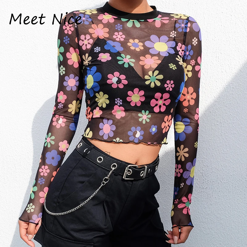 

Sexy Black Floral Print Mesh Crochet Crop Top Women T Shirt Long Sleeve Autumn Tops Female See Through Tshirt Tees Tops