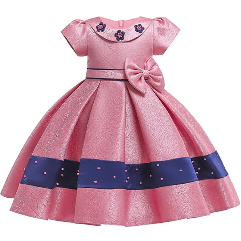 Платье для девочек с цветочным узором и бусинами; элегантная детская одежда с бантом и юбкой-пачкой; праздничная одежда для маленьких принцесс; Детские костюмы; одежда для детей 3-10 лет - Цвет: Bean powder