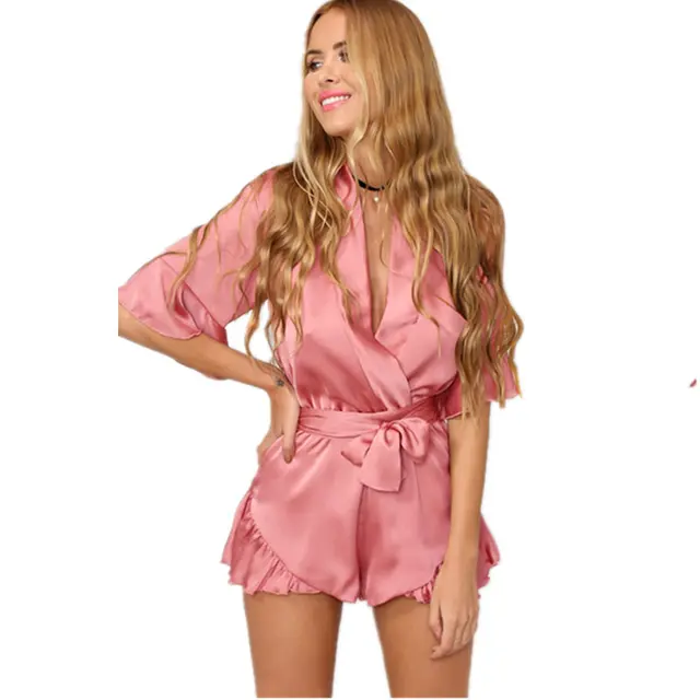 2017 Summer Women Satin Ruffles Jumpsuit Elegant Romper Deep V Neck Sexy Playsuit Pink Bow Short