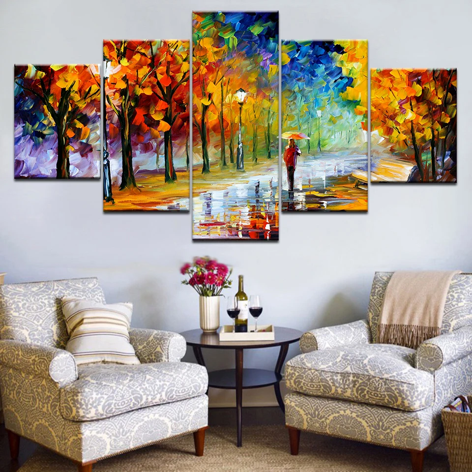 

Canvas Painting Wall Art Prints Framed Home Decor 5 Pieces Abstract Oil Tree Pictures Walking In The Rain Nightscape Poster