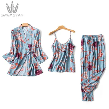 silk pajama set Women 3 Piece Set Sleep Lounge Fashion Spaghetti Strap Satin Sleepwear Print Long Sleeve night suit bow print wrap pajama set