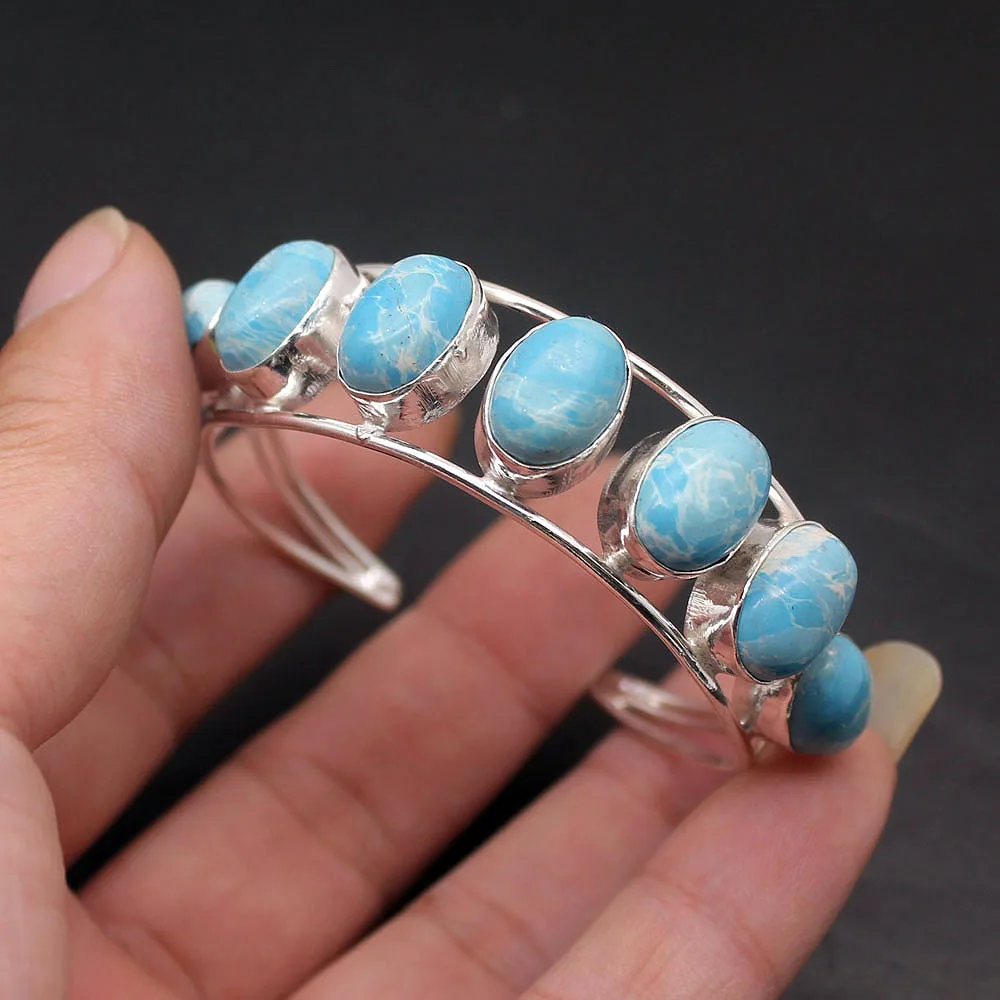 

Elegant Natural Blue Jasper925 Sterling Silver Cuff Bangle Adjustable Bracelet 7 Inch Free Shipping BC18