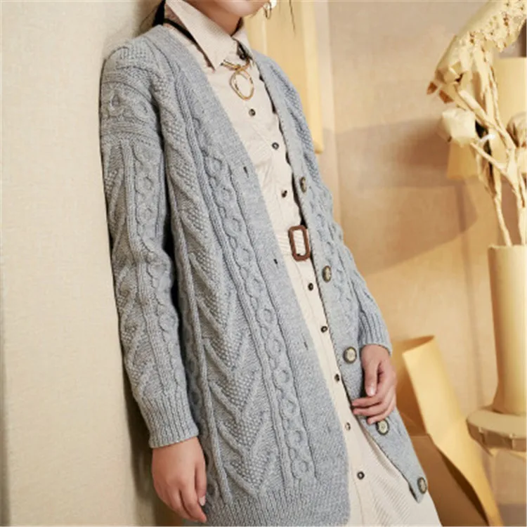  new arrival 100%hand made pure wool Vneck knit women streetwear solid loose single breasted cardiga