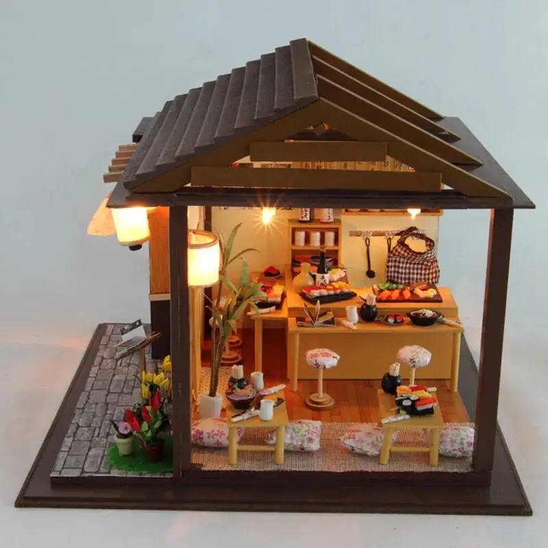DIY Doll House Sushi Restaurant Handmade Craft Toys 3D Wooden Miniature Dollhouse with Furnitures Assemble Kits Toy Gift DIY Doll House Sushi Restaurant Handmade Craft Toys 3D Wooden Miniature Dollhouse with Furnitures Assemble Kits Toy Gift