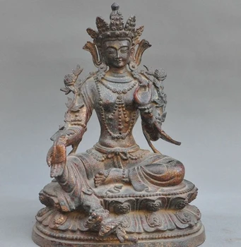 

old tibet buddhism Joss Pure Bronze Green Tara Kwan-yin Guanyin Goddess Statue